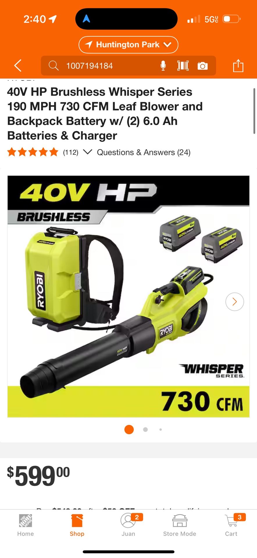 Ryobi 40V HP Brushless Whisper Series 190 MPH 730 CFM Leaf Blower and Backpack Battery w/ (2) 6.0 Ah Batteries & Charger  