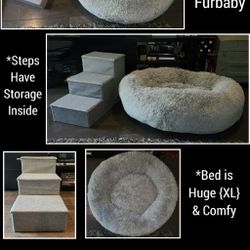 XL Calming Pet Bed W/Bolstered Sides & 3 Step Pet Stairs W/Storage,  Both Grey, In Excellent Condition 