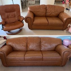 BROWN LEATHER COUCH SET | 3 PIECE