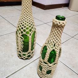 Vintage Green Bottle Set With White Croshet  