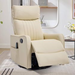 Swivel Rocker Recliner Chair, 360° Swivel Recliner with Heat and Massage, Rocker Recliner Upholstered Fabric Nursery Glider Recliner Chair with Side P