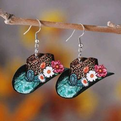Women's 1pair Vintage Western Style Leopard printed Turquoise & Floral Cowboy Hat Shaped Pendant Earrings
