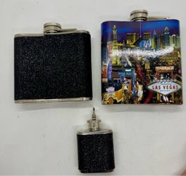 Three Stainless Steel Travel Liquor Flasks Souvenirs of Las Vegas, Seattle & San Francisco.