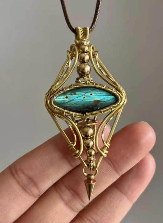 Stock The Proverbs of the Star and Ashes Original Brass Wire Wrap Pendant Natural Labradorite Aurora Borealis Handmade Designs