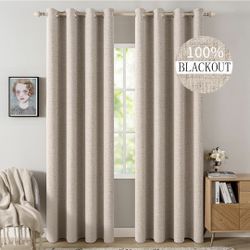 Miulee 90 x 42 Inch 100% Blackout Faux Linen Beige Curtains 2 Panels NEW 