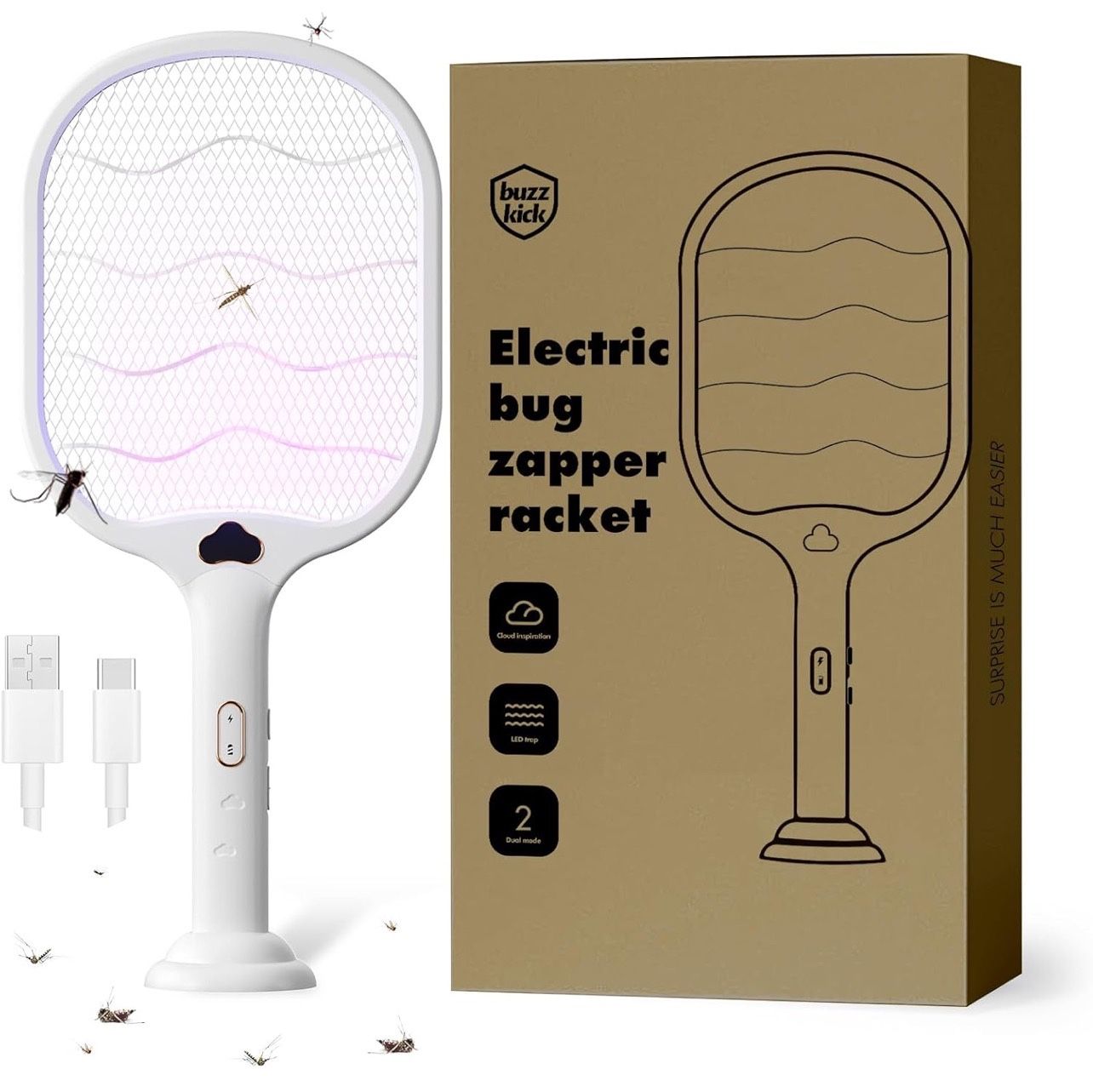 Electric Fly Swatter Racket 3500V buzzkick Bug Zapper Racket Dual Modes Mosquito Killer with Purple Mosquito Light Rechargeable for Indoor Home Office