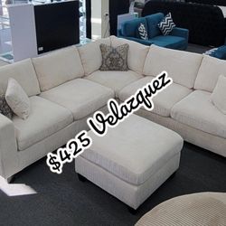 ✅️✅️4 pc ivory cordury fabric upholstered sectional sofa with ottoman✅️
