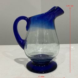 Hand Blown Cobalt Blue & Clear Thick Footed Bubble Glass Creamer Pitcher