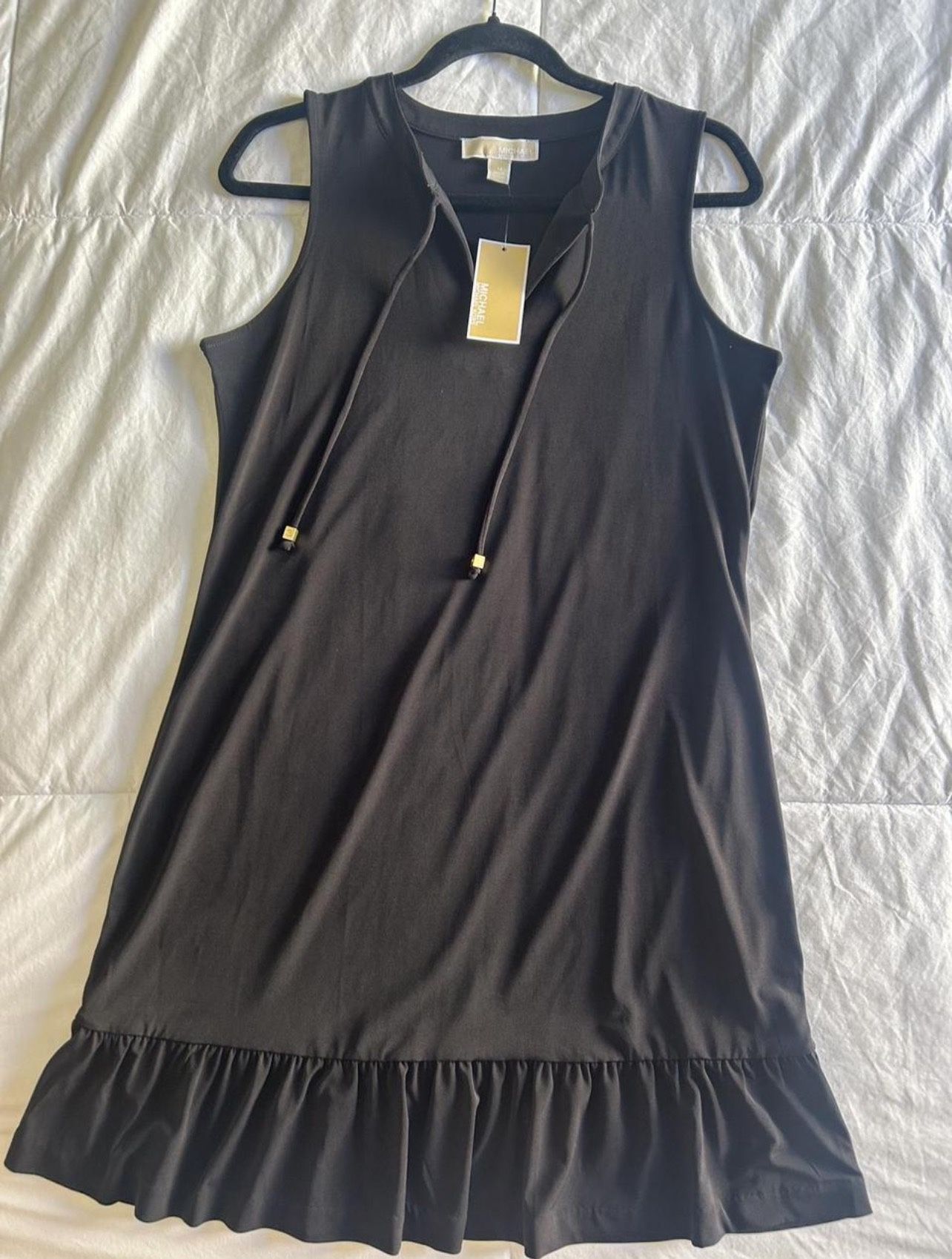 NWT MICHAEL Michael Kors Black Tie Neck Ruffle Hem Sleeveless Dress M