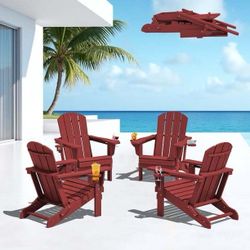 SERWALL Folding Adirondack Chair Set of 4 with Dual Cup Holders & Phone Holder, All-Weather HDPE Fire Pit Chairs for Outdoor, Patio, Poolside, Garden 