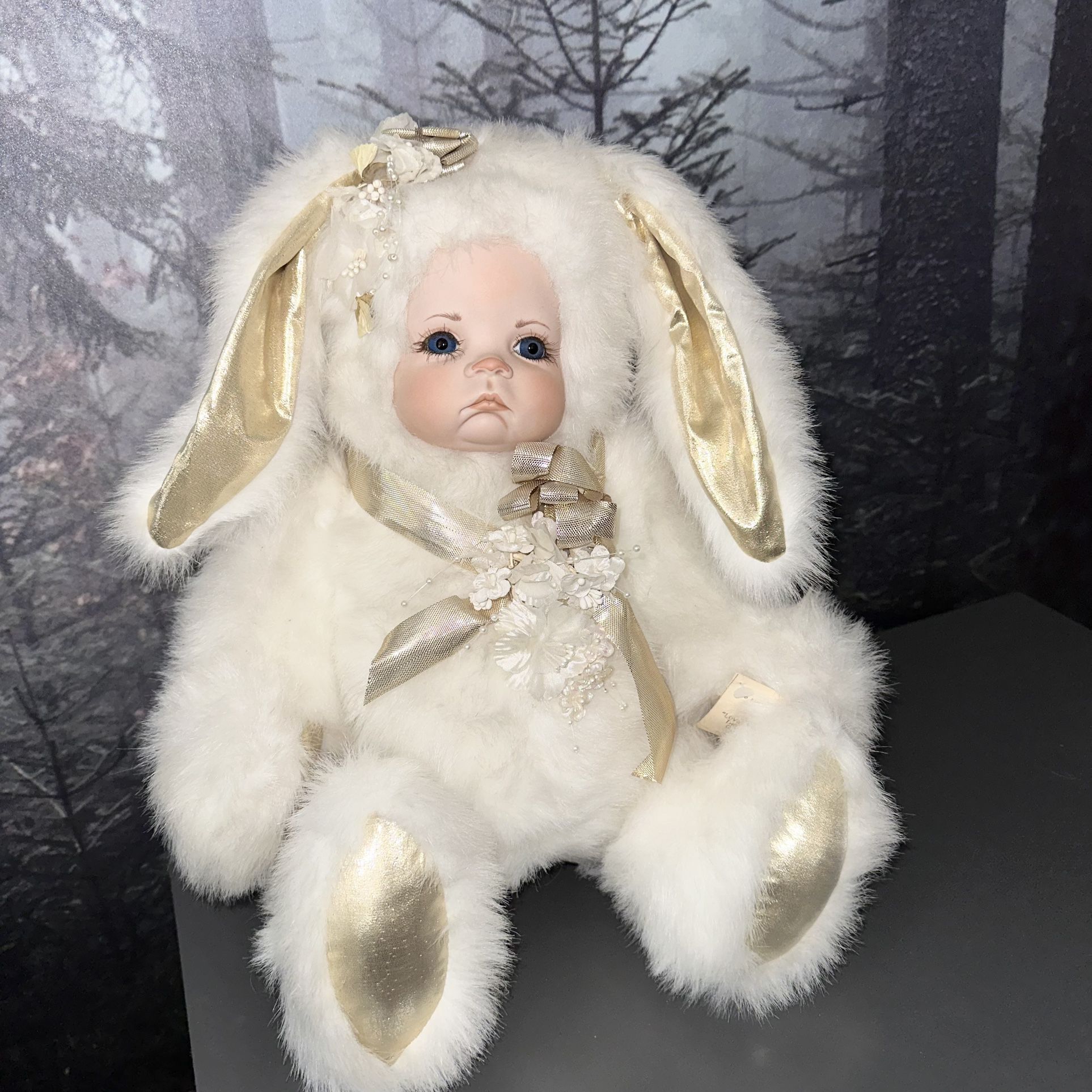 Adorable vintage "musical Doll" In Plush White Fur Bunny Outfit (21")
