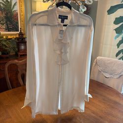 Ralph Lauren 100% Silk Ivory Button Up Ruffle Bib French Cuff  blouse 6 S NWT