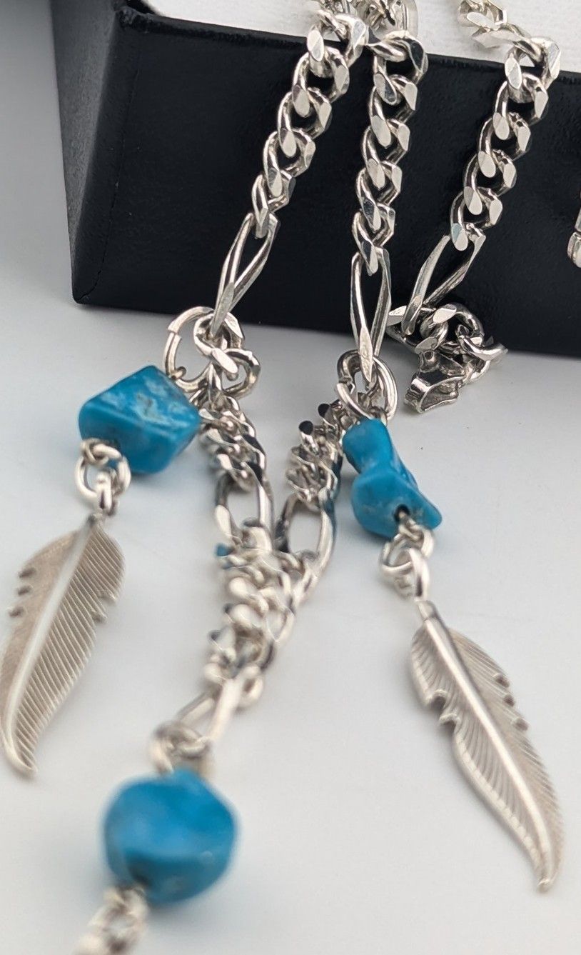 18" Vintage Turquoise & Sterling Silver Fígaro Necklace and Three Silver Father Pendants