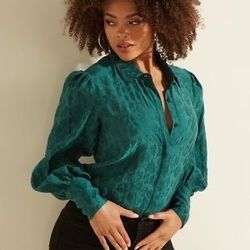Rachel Zoe Emerald Teal Button-Down Blouse with Subtle Animal Jacquard