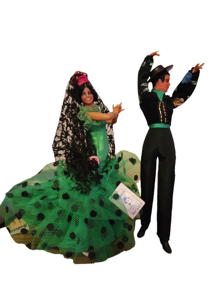 Vintage Marin Chiclana Flamenco Doll Set Spanish Dancer Green Dress Spain Dolls