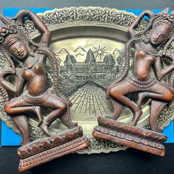 Antique 🇰🇭 Cambodian Goddess Figures & Angkor Wat Silver Platter 