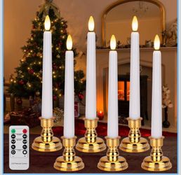 New 6PCS Flameless Window Candles with Gold Candle Holders, Battery Operated White Taper Candle with 4H/6H Daily Timer, Special Flickering Window with