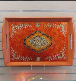 Serving Tray _ Wood & Glass ( NEW ) orange & red. kitchenware, dinnerware, housewares. Decoration