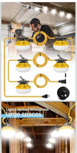 HYPERLITE Construction String Lights: 50FT 5 Bulbs Work Lights with 3 Prong - IP65 Waterproof Linkable LED Industrial Temporary Lighting for Construct