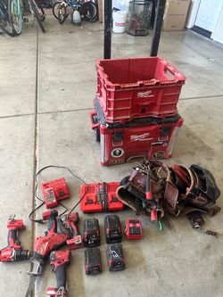 Milwaukee M18 Tool Lot + PACKOUT + Occidental Leather Tool Belt & Batteries