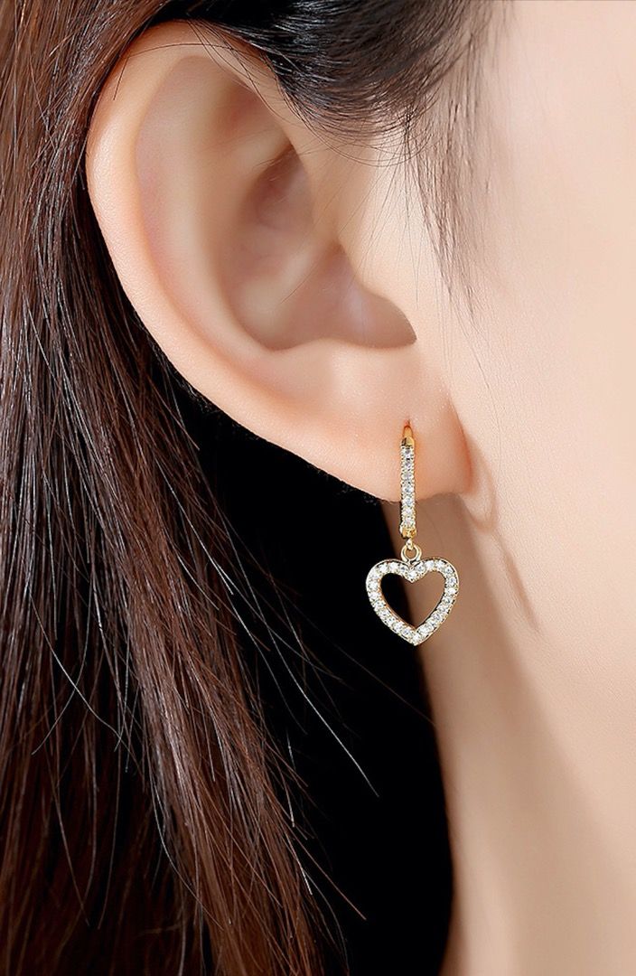 18k Gold Plated Full Rhinestone Circle Heart Clip on Huggie Hoop Earrings