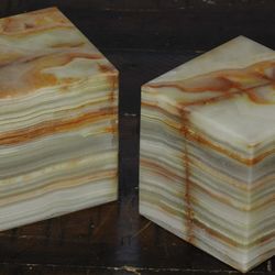 Vintage Onyx SET Solid Paperweight Bookends Square Banded Polished Stone 2 3/4"