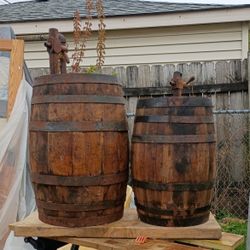 Wood Vintage Barrels With Tap, 20.5 & 17in Tall, For Both. 