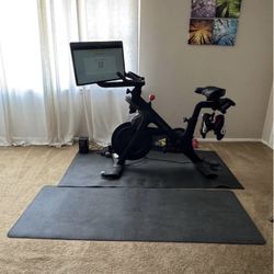Peloton Bike+, bike mat, workout mat, pair 3 lb dumbbells, cycling shoes