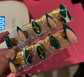 Medium stiletto press on nails green french tips gold rose