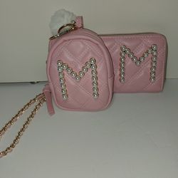 Claire's Initial Pearl Letter M Pink Faux Leather Wristlet Purse & Mini Backpack