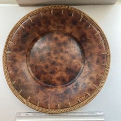 Vintage Ceramic Decorative Plate Wrapped in Leather Wicker – Brown. No defects