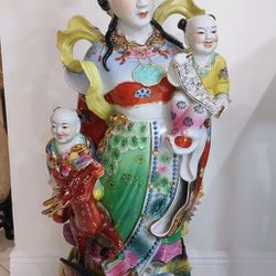 Large Chinese Goddess Magu Porcelain Statue 2 Children Deer Phoenix Longevity God Figurine Sculpture Fertility Guan Yin Asian 麻姑 40"