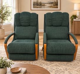 Pair of Green Fabric Recliners with Wood Arms