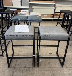 26" Counter Height Bar Stools Leather with Stitching Mid-Century Modern Set of 2 - Dove Gray