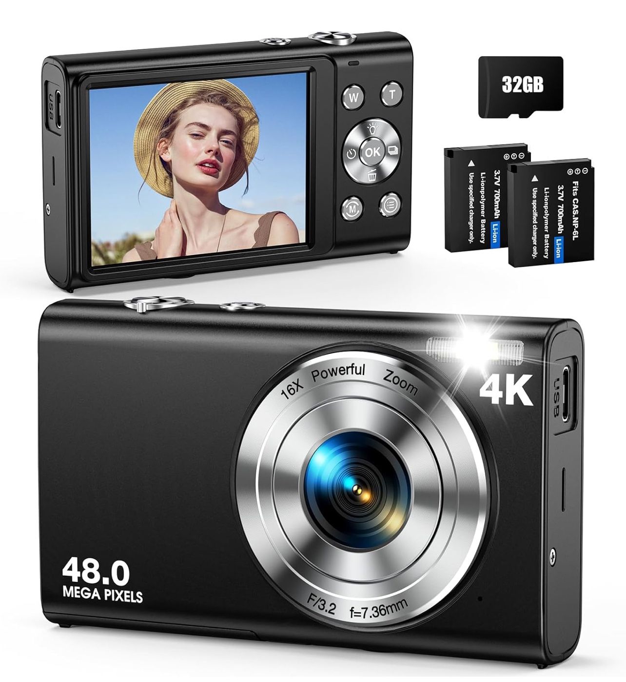 Digital Camera, Autofocus 48MP UHD 4K Vlogging Camera 16X Digital Zoom, Portable Compact Point and Shoot Digital Camera for Teens Adult Beginner with 