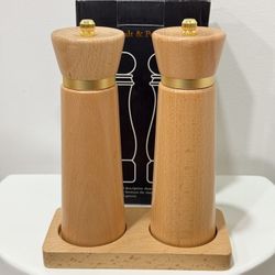 Wooden Salt and Pepper Grinder Set with Tray - 7-inch Manual Grinders for Himalayan Salt, Pepper, Chili, Seasonings