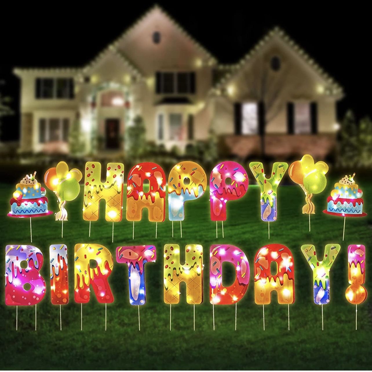 18 Pcs 16inch Birthday Party Decorations with String Light (1*5m &1*10m LED Lights ) Large Happy Birthday Yard Signs with Stake, Colorful Waterproof Y