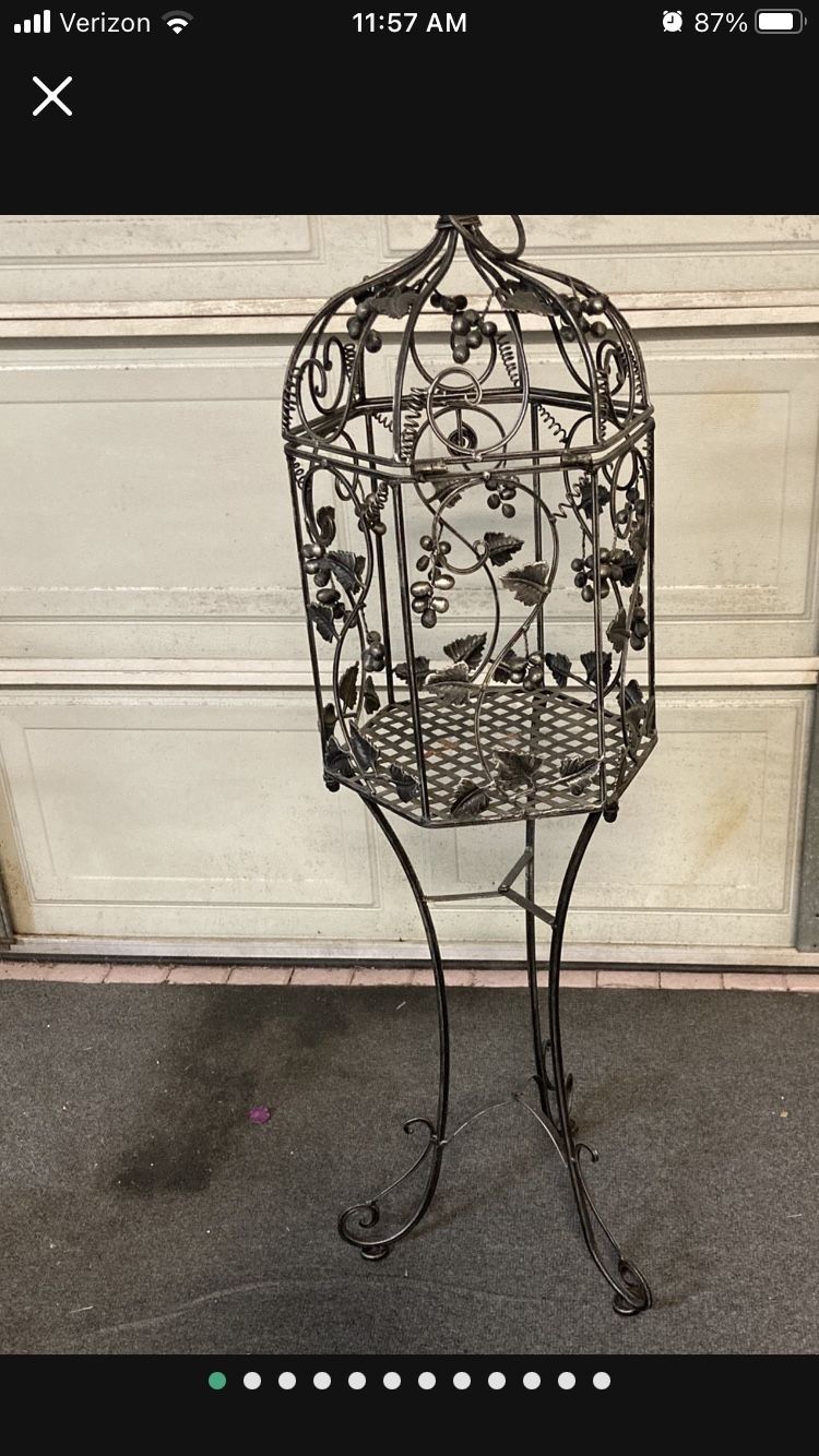 50” Tall Wrought Iron Metal Standing Birdcage Candle Or Plant Holder. Amazing Grapes & Ivy Vines Design. Vintage Art, Like New!l