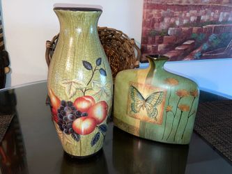2 Medium Sized Clay Vases With Designs