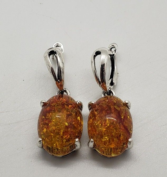 Oval Amber Silver Earrings