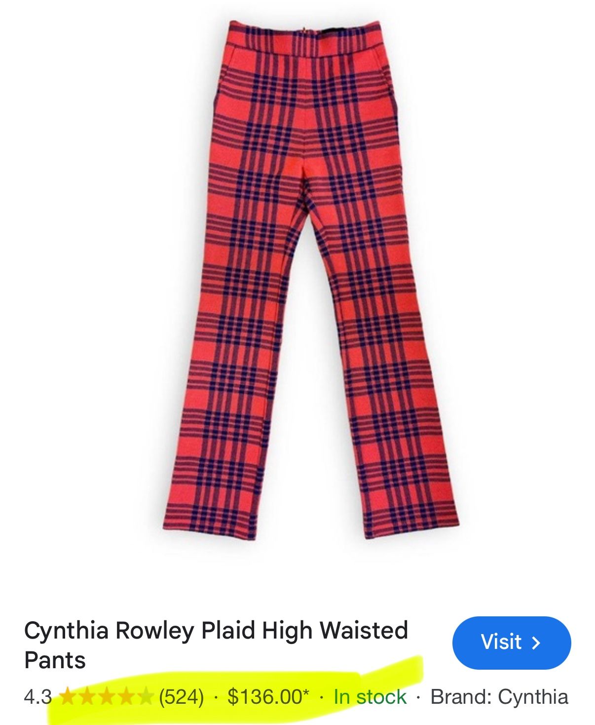 Cynthia Rowley LINCOLN Plaid, High-Waist, Stretch Pants, With Slight Flare - Size 4 - LIKE NEW! 