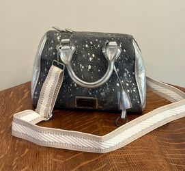 Sharif Legacy Genuine Haircalf Leather Bowler Satchel Bag Metallic Silver Splatt