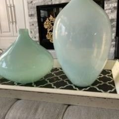 Set 2 BLENKO STYLE MID-CENTURY MODERN HAND MADE GLASS BLOWN VESSEL VASES Aquamarine Blue Green