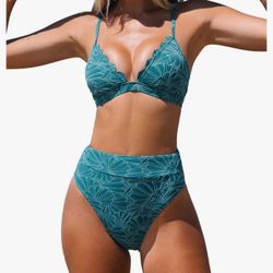 CUPSHE Bikini Set for Women Bathing Suit High Waisted Scalloped V Neck Two Pieces Swimsuit