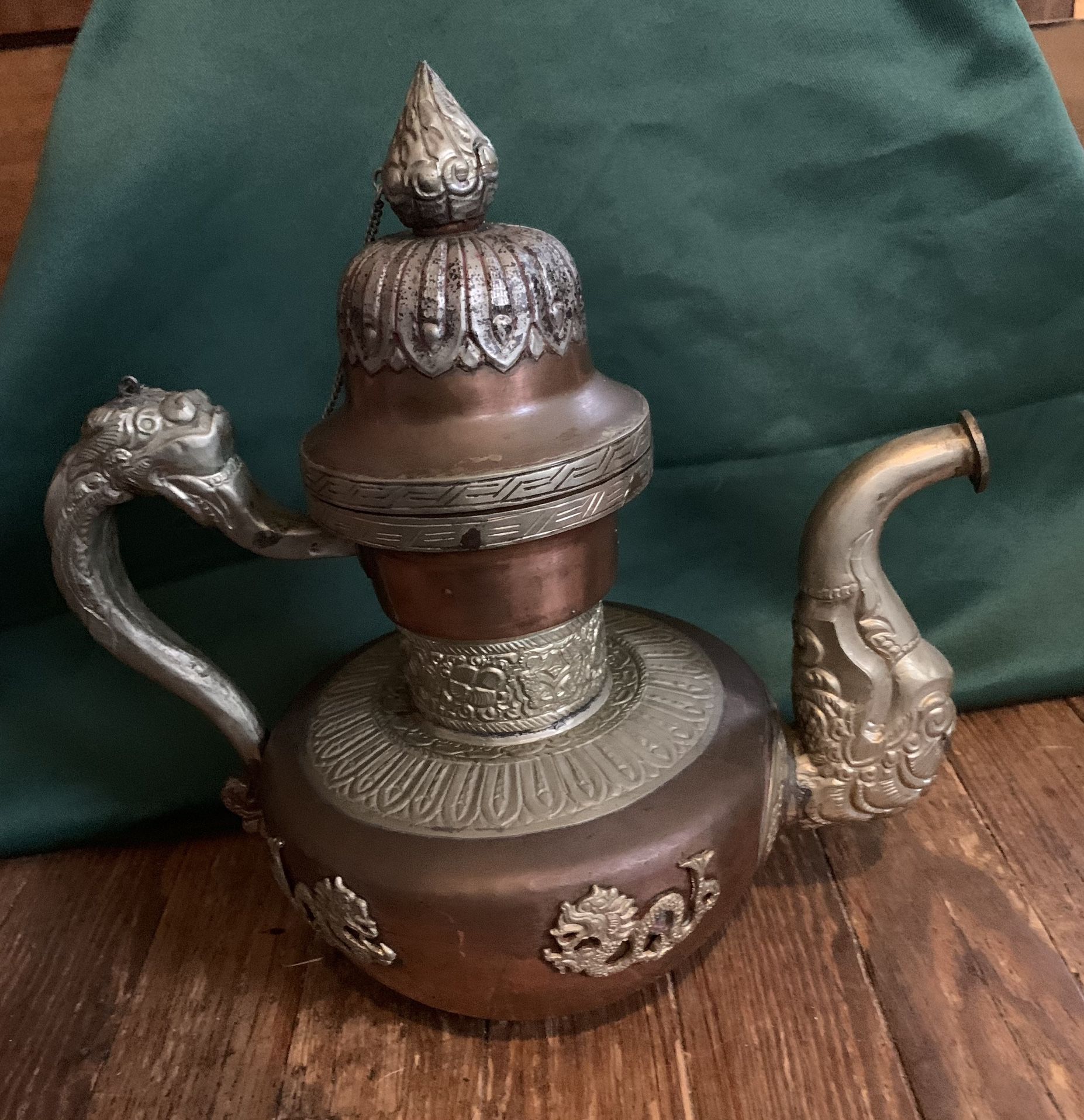 Antique Brass and Copper Tibetan Silver Plated Teapot.