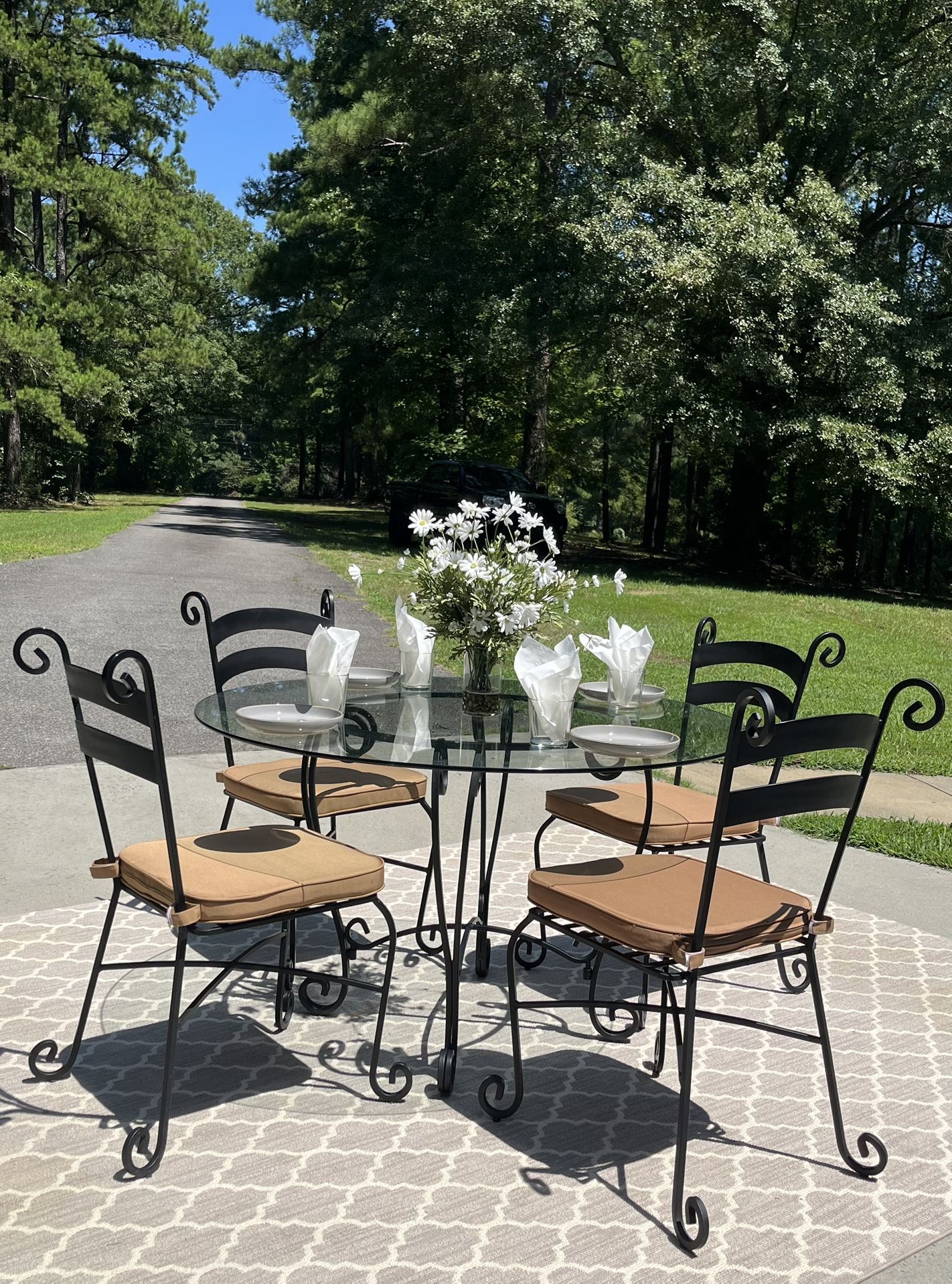 Gorgeous 48” Round Glass Wrought Iron Table and Chairs with