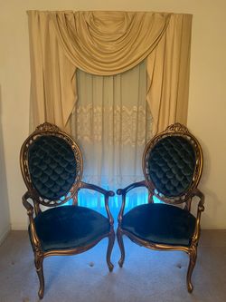 Two Accent Chairs - Royal blue velvet with gold trim