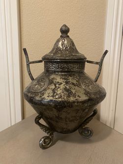 Twin Handle Metal Urn Silver Brass Decor with Cover 