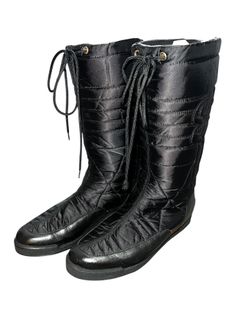 Gucci Women Black Knee High Shelly Boots Leather Quilted Lace Up Flat Booties Sz EUR 35 US 4.5 Or 5