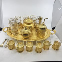 Vintage Middle Eastern Brass Gold Tea Coffee Set With Tray, 12 Glass Cups